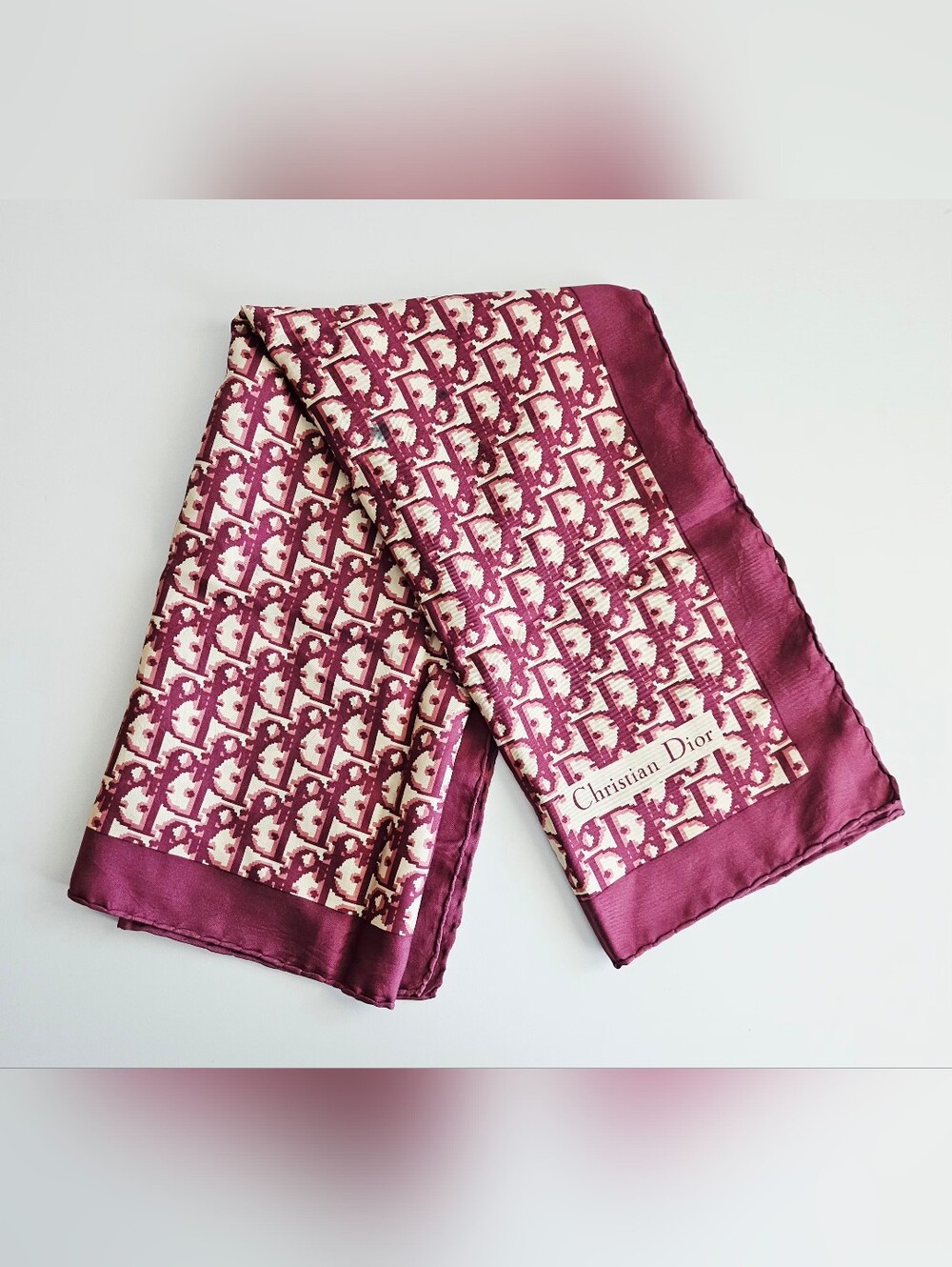 Christian Dior Burgundy & Cream Oblique Monogram Silk Scarf - Picture 4 of 7